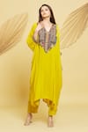 Buy_Rajat K Tangri_Yellow Crepe Embroidered V Neck Multi Yoke Kaftan Kurta And Pant Set _at_Aza_Fashions