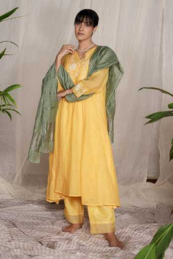 Buy_Pants And Pajamas_Yellow Chanderi, Cotton, Silk Embroidery, Candy Stick Kurta And Pant - Set Of 2 _Online_at_Aza_Fashions