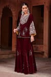 Buy_Ajiesh Oberoi_Wine Velvet Embroidered Thread Round Jacket And Sharara Set _at_Aza_Fashions