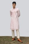 Buy_KAKA CALCUTTA_Ivory Kurta- Bamberg Silk Embroidery Mirror Work Mandarin Collar Set _at_Aza_Fashions