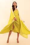 Shop_Vanshika Agarwal Label_Yellow Bamberg Silk, Lining Oversized Jacket And Strappy Ruched Dress Set _at_Aza_Fashions
