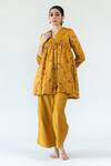 Buy_Nirjara_Yellow Kurta - Cotton Silk Printed Floral V Shagufta Short And Pant Set  _at_Aza_Fashions