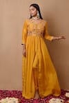 Buy_Label Nitisha_Yellow Habutai Silk Embroidered Floral Pattern V Neck Slit Tunic Set _at_Aza_Fashions