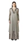 Buy_Rohit Gandhi + Rahul Khanna_Grey Silk Georgette Embellished Metallic Sequin Yoke And Sleeve Flared Gown _at_Aza_Fashions