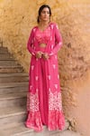 Buy_Suruchi Parakh_Pink Georgette Print Floral Blouse Flower Embroidered Jacket And Flared Pant Set _at_Aza_Fashions