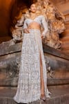 Buy_Seema Gujral_Silver Net Embroidered Sequin Plunge V Neck Slit Skirt And Blouse Set  _at_Aza_Fashions