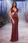 Buy_Nirmooha_Purple Crepe Embroidery Sequins Plunge V Cut-out Gown _at_Aza_Fashions