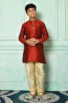Buy_Petite Pomme_Red Silk Embroidery Plain Mandarin Collar Kurta  _at_Aza_Fashions