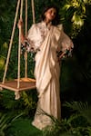 Buy_Pallavi Poddar_Ivory Organza And Dupion Embroidery Mirror Daffodil Pre-draped Saree With Cape _at_Aza_Fashions