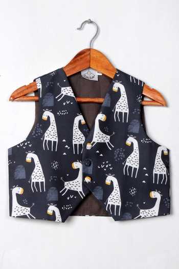 Buy_Little Brats_Black Cotton, Kota Doria Giraffe Print Waistcoat _at_Aza_Fashions