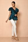 Buy_Naintara Bajaj_Emerald Green Organza Ruffles, Bows V-neck Layered Peplum Top With Tie-up Belt _at_Aza_Fashions