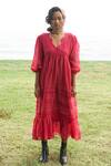 Buy_Baju_Red Chanderi Cotton Silk Lace Work V Neck Soy Midi Dress For Women _at_Aza_Fashions