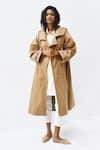 Buy_Kharakapas_Brown Heavy Twill Lapel Latte Trench Coat  _at_Aza_Fashions