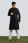 Buy_Kaka Calcutta_Black Cotton, Silk Mirrors Embroidered Collar Kurta Set _at_Aza_Fashions