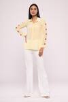 Buy_Mayu Kothari_Yellow Crepe Embroidery Shawl Neck Love Birds Patterned Sleeve Apple Cut Shirt_at_Aza_Fashions