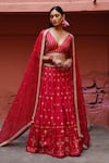 Buy_Deep Thee_Red Silk Embroidery Boota Deep V Neck Zardozi Bridal Lehenga Set _at_Aza_Fashions