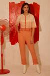 Buy_Banana Labs_Orange Cotton Embroidery Round Neck Mandarin Block Print Top And Pant Co-ord Set _at_Aza_Fashions