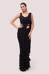 Buy_Onaya_Black Georgette Embellished Ruffle Pre-draped Saree And Blouse Set  _at_Aza_Fashions