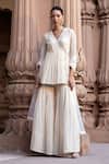Buy_PREEVIN_Off White Peplum Top: Cotton Mulmul Embroidery Leaf Angrakha Set For Women_at_Aza_Fashions