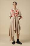 Buy_Shahin Mannan_Beige Linen Embroidery Shawl Neck Tiny Houses Asymmetric Dress _at_Aza_Fashions