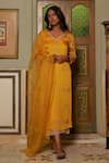 Buy_Zoon_Yellow Kurta Satin Embroidered Aari V Neck Bright Crystal Pant Set _at_Aza_Fashions