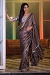 Buy_House of Tushaom_Brown Silk Embroidery Sequin V Neck Border Saree With Woven Blouse _at_Aza_Fashions