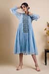 Buy_Bhusattva_Blue Organic Cotton Silk Embroidery Sequin Notched Placket Dress  _at_Aza_Fashions