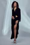 Buy_Style Junkiie_Black Crepe Paisley Pattern Shirt Collar Front Tie-up Draped Dress _at_Aza_Fashions