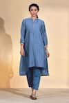 Buy_AFFROZ_Blue Viscose Linen Lace Round Flared Kurta With Pant _at_Aza_Fashions