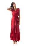 Buy_Aroka_Red Modal Satin Plain V Neck Rumba Overlap Draped Dress _at_Aza_Fashions