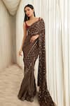 Sawan Gandhi_Brown Georgette Honeycomb Pattern Chikankari Saree Set_Online_at_Aza_Fashions