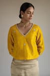 Buy_Shorshe Clothing_Yellow Handloom Tissue Hand Embroidered And Embellished Pearl V Neck Blouse _at_Aza_Fashions