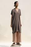 Buy_Urvashi Kaur_Grey Crinkled Cotton Plain V Neck Ura Kaftan Dress  _at_Aza_Fashions