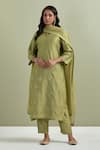 Buy_Priya Chaudhary_Green Chanderi Silk, Kota Doria Embroidery Split V-neck Kurta Pant Set _at_Aza_Fashions
