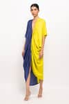 Buy_Neora By Nehal Chopra_Blue Bemberg Modal Silk Solid Plunge V Neck Color Blocked Cape  _at_Aza_Fashions