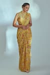 Buy_Suruchi Parakh_Yellow Crepe Printed Floral Pattern High Neck Pre-pleated Saree With Blouse _at_Aza_Fashions