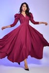 Buy_Labelamoda_Purple Cotton Satin Plain V Neck Handkerchief Hem Draped Gown  _at_Aza_Fashions