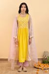 Buy_Pita Nila_Yellow Chanderi, Silk Organza Embroidery, Kira Floral Print Gathered Kurta Set _at_Aza_Fashions