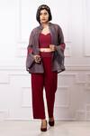 Buy_Megha Garg_Maroon Lycr Organza Stripe Sequin Jacket Mandarin Collar Pattern Pant Set _at_Aza_Fashions