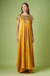 Buy_Aakaar_Yellow Matka Silk Embellished Sequin Boat Neck Yoke Maxi Dress _at_Aza_Fashions