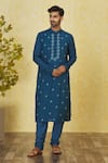 Buy_Priyanka Haralalka_Blue Cotton Embroidered Mirror And Thread Work Kurta Set _at_Aza_Fashions