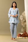 Buy Abbaran Blue Cotton V-neck Floral Print Angrakha And Pant Set at Aza Fashions Buy_Abbaran_Blue Cotton V-neck Floral Print Angrakha And Pant Set _at_Aza_Fashions