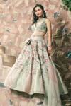 Buy_Show Shaa_Green Kota Doria, Organza, Satin Floral 3d Applique Hand Bridal Lehenga Set _at_Aza_Fashions