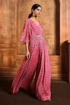 Buy_Aneesh Agarwaal_Pink Chiffon Print Persian V Neck Jumpsuit With Belt _at_Aza_Fashions