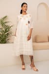 Buy_Arcvsh By Pallavi Singh_Ivory Linen Embroidery Round Neck Flower And Geometric Print Dress _at_Aza_Fashions
