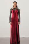 Buy_AKHL_Red Textured Satin (90% Polyester 10% Elastane)+ Triangular Yoke Gown _at_Aza_Fashions
