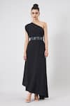 Buy Aakaar Black Muslin Beads, Crystals, Sequins One Shoulder Gown With Embellished Belt at Aza Fashions Buy_Aakaar_Black Muslin Beads, Crystals, Sequins One Shoulder Gown With Embellished Belt _at_Aza_Fashions