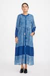 Buy_Jayati Goenka_Blue Cotton Handblock Print Checks Band Collar Checkered Button-down Dress _at_Aza_Fashions