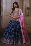 Buy Label Priyanka Kar Blue Cotton Satin Embroidery V-neck Flower Print Lehenga Set at Aza Fashions Buy_Label Priyanka Kar_Blue Cotton Satin Embroidery V-neck Flower Print Lehenga Set_at_Aza_Fashions