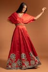 Buy_Sejal Kamdar_Red Pure Satin Crepe Placement Patch Work Floral V Neck Gown With Belt  _at_Aza_Fashions